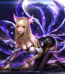  ahri all_fours animal_ears bangs bare_shoulders blonde_hair bracelet breasts choker cleavage earrings fox_ears fox_tail heart heart_earrings high_heels idol jewelry k/da_(league_of_legends) k/da_ahri large_breasts league_of_legends liang_xing lips long_hair looking_at_viewer makeup microphone multiple_tails parted_lips single_earring solo strapless swept_bangs tail thighhighs whisker_markings yellow_eyes 