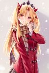  bangs blonde_hair blush bow brown_scarf coat commentary_request duffel_coat ereshkigal_(fate/grand_order) eyebrows_visible_through_hair fate/grand_order fate_(series) fringe_trim grey_skirt grin hair_between_eyes hair_bow hand_up head_tilt highres holding holding_hair long_hair long_sleeves looking_at_viewer parted_bangs plaid plaid_scarf plaid_skirt pleated_skirt red_bow red_coat red_eyes scarf sidelocks skirt smile solo tiara two_side_up very_long_hair yuya_(night_lily) 