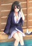 akahi242 alcohol alternate_costume black_hair breasts brown_eyes closed_mouth commentary_request hair_between_eyes haruna_(kantai_collection) highres japanese_clothes kantai_collection kimono large_breasts long_hair looking_at_viewer sitting smile solo water 