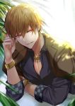  absurdres black_shirt brown_hair brown_jacket dress_shirt earrings fate/stay_night fate_(series) gilgamesh highres jacket jewelry male_focus necklace open_clothes open_jacket parted_lips red_eyes shirt smile solo tarao_(13raven) upper_body 