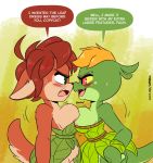  2018 angry big_breasts blush breasts close clothing discussing dress elora english_text faun female green_eyes hair joaoppereiraus leaf_cloth lira_(character) lizard nipple_slip orange_hair pressing_breasts red_eyes red_hair reptile scalie spyro_reignited_trilogy sweat tales_of_sezvilpan_(copyright) text 