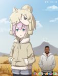  1girl alpaca_costume alpaca_suri_(kemono_friends) alternate_costume beard blue_eyes blue_sky cloud commentary dark_skin dark_skinned_male day facial_hair highres hood hoodie jabari_parker kantai_collection kemono_friends misumi_(niku-kyu) mustache pink_hair pun real_life shiranui_(kantai_collection) short_hair shorts sky twitter_username 