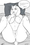  &lt;3 anus bed bedding big_breasts blanket blush boss_monster breasts butt caprine chest_tuft claws female goat high-angle_view horn jeffthehusky legs_up looking_at_viewer lying mammal mature_female monochrome nervous nipples pillow pubes pussy shy sketch slightly_chubby text thick_thighs toriel tuft undertale video_games 
