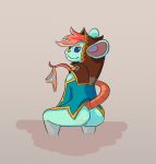  2018 3_toes 5_fingers anthro blue_eyes bottomless brown_headwear buckteeth clothed clothing ear_piercing fur green_fur green_topwear grey_background hair long_tail looking_at_viewer mammal mouse nipples nude omensight orange_bottomwear orange_nose panties piercing pussy ratika rear_view red_hair red_nipples rodent scar seductive simple_background sitting slowed_bob smug solo teeth toes underwear 