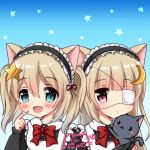  :d animal animal_ears apron bangs black_cat black_dress black_hairband blonde_hair blue_background blue_eyes blush bow cat cat_ears closed_mouth collared_dress commentary_request crescent crescent_hair_ornament dress eyebrows_visible_through_hair eyepatch finger_to_mouth frilled_apron frilled_hairband frills hair_between_eyes hair_ornament hairband heart heart_in_eye highres long_hair long_sleeves maid maid_apron medical_eyepatch multiple_girls nyano21 open_mouth original red_bow red_eyes siblings sidelocks signature sisters smile star star_hair_ornament symbol_in_eye twins twintails very_long_hair white_apron 
