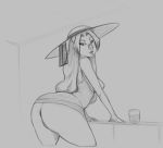  2018 anthro anus big_butt breasts butt clothed clothing dress female grey_background hair hat hidden_(artist) humanoid long_hair looking_back mammal monochrome pig porcine simple_background sketch solo 