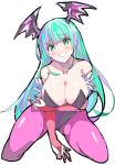  :d aqua_eyes aqua_hair bangs black_leotard blush breasts bridal_gauntlets cleavage covered_nipples demon_girl demon_wings enpe eyebrows_visible_through_hair fingernails furrowed_eyebrows head_wings highres large_breasts leotard long_fingernails long_hair looking_at_viewer morrigan_aensland nail_polish open_mouth pantyhose purple_legwear red_nails simple_background smile solo straight_hair strapless strapless_leotard succubus vampire_(game) white_background wings 