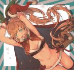  armpits arms_up brown_hair cape clarisse_(granblue_fantasy) commentary_request fur_trim granblue_fantasy green_eyes groin hair_ornament hat koza_game navel open_mouth panties ponytail santa_costume santa_hat solo thighhighs underwear 