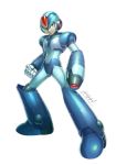  android arm_cannon clenched_hand commentary_request full_body gloves green_eyes helmet hi-go! legs_apart male_focus rockman rockman_x serious signature simple_background solo standing weapon white_background x_(rockman) 