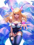 absurdres ahri animal_ears bangs blonde_hair bracelet facial_mark fox_ears fox_girl fox_tail heart highres jewelry k/da_(league_of_legends) k/da_ahri league_of_legends leaning_forward long_hair looking_at_viewer multiple_tails outstretched_hand pu_reum_lee sidelocks simple_background solo tail thigh_gap thighhighs white_background yellow_eyes zettai_ryouiki 