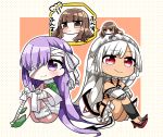  3girls absurdres altera_(fate) bandage bandage_over_one_eye bandaged_arm bandaged_leg bandages bangs bare_shoulders barefoot black_legwear blue_shirt blunt_bangs blush brown_background brown_eyes brown_hair chibi chibi_on_head closed_mouth commentary_request dark_skin detached_sleeves eyebrows_visible_through_hair fate/extra fate/grand_order fate_(series) highres jako_(jakoo21) kingprotea kishinami_hakuno_(female) long_hair long_sleeves minigirl moss multiple_girls on_head polka_dot polka_dot_background purple_eyes purple_hair red_eyes red_footwear shirt shoes sitting translation_request two-tone_background v-shaped_eyebrows very_long_hair white_background white_hair white_sleeves 