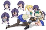  ayase_eli ball_gag bdsm blonde_hair blue_eyes bondage bound bound_arms bound_legs breasts crotch_rope gag gagged green_eyes high_heels highres improvised_gag long_hair love_live! love_live!_school_idol_project low_twintails multiple_girls pantyhose ponytail purple_hair ryner-e tape tape_gag thighhighs toujou_nozomi twintails vibrator yuri 