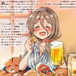  ^_^ ^o^ alcohol alternate_costume animal beer beer_mug breasts brown_hair closed_eyes colored_pencil_(medium) commentary_request cup dated food hamster holding holding_cup holding_food kantai_collection kirisawa_juuzou large_breasts long_hair non-human_admiral_(kantai_collection) numbered open_mouth pola_(kantai_collection) short_sleeves smile traditional_media translation_request twitter_username 