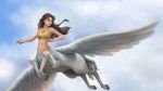 1girl blue_eyes brown_hair centaur cloud cloudy_sky commission commissioner_upload crop_top demisir flying from_below jewelry necklace original pegasus sky smile solo wallpaper white_fur white_wings wings 