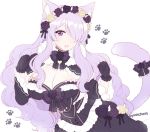  1girl alternate_costume animal_ears black_gloves bow breasts camilla_(fire_emblem_if) cat_ears cat_tail cleavage dress fire_emblem fire_emblem_if flower gloves hair_flower hair_ornament hair_over_one_eye large_breasts long_hair long_sleeves nintendo open_mouth plushcharm purple_eyes purple_hair simple_background solo tail twitter_username upper_body white_background 