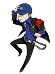  baseball_cap belt blazer blue_skirt chain gekkoukan_high_school_uniform grin hat highres iori_junpei jacket jewelry necklace official_art persona persona_3 persona_q2:_new_cinema_labyrinth persona_q_(series) skirt smile solo source_request wallet_chain 