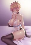  any_(trueblue) artoria_pendragon_(all) artoria_pendragon_(lancer) artoria_pendragon_(lancer_alter) artoria_pendragon_(lancer_alter)_(cosplay) backlighting bangs bare_hips bare_shoulders bed_sheet black_choker black_gloves black_legwear black_panties blonde_hair blush breasts choker collarbone colored_eyelashes commentary_request cosplay covered_navel covered_nipples crown embroidered_choker embroidered_gloves embroidered_legwear embroidered_panties embroidery fate/grand_order fate_(series) feet_out_of_frame garter_belt gloves green_eyes hair_between_eyes hair_ornament half-closed_eyes lace lace-trimmed_choker lace-trimmed_gloves lace-trimmed_panties lace-trimmed_thighhighs lace_trim large_breasts legs_together lingerie long_hair looking_at_viewer open_mouth panties revealing_clothes royal_icing see-through see-through_silhouette side_slit sidelocks sitting solo swept_bangs thighhighs underbust underwear yokozuwari 