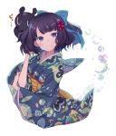  black_hair blue_eyes bow commentary_request fate/grand_order fate_(series) flower hair_bow hair_flower hair_ornament japanese_clothes katsushika_hokusai_(fate/grand_order) kimono looking_at_viewer octopus sash short_hair smile tokitarou_(fate/grand_order) totatokeke 