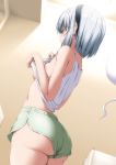  alternate_costume ass bare_arms bare_shoulders black_hairband breasts clothes_lift dutch_angle green_shorts gym_shorts hairband hands_up indoors jpeg_artifacts konpaku_youmu konpaku_youmu_(ghost) lifted_by_self no_bra nori_tamago profile short_hair shorts sideboob silver_hair small_breasts solo tank_top tank_top_lift touhou white_tank_top 