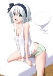  alternate_costume arm_support bangs bare_arms bare_legs bare_shoulders black_hairband black_ribbon breasts cleavage collarbone commentary_request green_eyes gym_shorts hair_between_eyes hair_ribbon hairband highres konpaku_youmu konpaku_youmu_(ghost) looking_at_viewer medium_breasts nori_tamago open_mouth ribbon short_hair shorts silver_hair sitting smile solo straddling tank_top touhou vaulting_horse white_background white_tank_top 