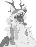  antlers beast_(bloodborne) blindfold bloodborne disembodied_hand drooling fluffy fromsoftware fur horn long_tongue monochrome open_mouth paperclip_(artist) petting saliva scratching sharp_teeth simple_background teeth tongue tongue_out vicar_amelia white_background 