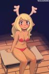  2018 :3 anthro antlers bangs black_background blonde_hair blush breasts brown_eyes buckteeth cervine clothing deltarune desk digital_media_(artwork) droopy_ears dutch_angle excited female freckles front_view hair high-angle_view horn lighting looking_at_viewer lumineko mammal noelle_holiday on_desk patreon portrait reindeer school_desk shiny_eyes shiny_skin simple_background sitting smile solo teeth three-quarter_portrait underwear video_games wood_floor 