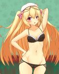  ahoge arm_behind_head arm_up armpits ass_visible_through_thighs azur_lane bangs beret black_bra black_panties blonde_hair blush bra braid breasts bunny_hair_ornament chestnut_mouth commentary_request cowboy_shot crescent_(azur_lane) crotch_seam eyebrows_visible_through_hair floral_background frown green_background groin hair_ornament hair_ribbon hand_on_hip hat highres lace lace-trimmed_bra lace-trimmed_panties long_hair looking_at_viewer lowleg lowleg_panties mafuyu_keitou medium_breasts navel open_mouth panties pink_ribbon red_eyes ribbon ribs standing thighs two_side_up underwear underwear_only white_hat 