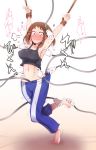  1girl armpits arms_up bare_shoulders barefoot bdsm black_shirt blue_pants blush blush_stickers boku_no_hero_academia bondage bound breasts brown_eyes brown_hair closed_mouth collarbone constricted_pupils crop_top erect_nipples feet female flying_sweatdrops foot_tickling full_body hand_under_clothes heart highres japanese_text leg_up mechanical_arm medium_breasts midriff navel nobiiru_arm nose_blush pants parity rope shirt short_hair sleeveless sleeveless_shirt smile solo spoken_heart standing standing_on_one_leg sweat tears tickling toes translation_request trembling uraraka_ochako wavy_mouth white_background 