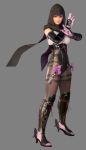  3d absurdres arm_guards armor ayane_(doa) bangs bodysuit breasts closed_mouth dead_or_alive dead_or_alive_6 elbow_gloves full_body gloves grey_background high_heels highres hood kunai lips looking_at_viewer medium_breasts ninja official_art pantyhose purple_hair red_eyes simple_background solo standing weapon 