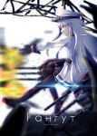  absurdres artist_name blurry boots character_name depth_of_field explosion fire from_side gangut_(kantai_collection) gloves grimace hat highres kantai_collection long_hair pantyhose pointy_ears red_eyes rigging silver_hair tegar32 turret white_background 