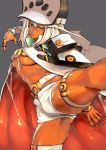  1girl absurdres belt beltbra breasts cape commentary dark_skin english_commentary fighting_stance guilty_gear guilty_gear_xrd hat highres kicking long_hair medium_breasts orange_eyes ramlethal_valentine shiny shiny_skin short_shorts shorts silver_hair solo standing standing_on_one_leg stomach thigh_strap underboob unizama 
