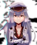  absurdres black_gloves blurry breasts cleavage crossed_arms depth_of_field gangut_(kantai_collection) gloves hair_between_eyes hammer_and_sickle hat highres kantai_collection long_hair navel orange_eyes russian silver_hair solo tegar32 upper_body very_long_hair 