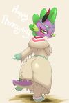  anthro blush butt claws clothed clothing dragon english_text eyeshadow feathers female friendship_is_magic holidays indian_costume lipstick looking_at_viewer looking_back makeup male_focus my_little_pony saurian_(artist) scalie simple_background smile solo spike_(mlp) standing text thanksgiving thick_thighs 