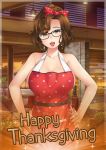  apron black-framed_eyewear bow breasts brooke_belrose cleavage commentary earrings english_commentary eyeshadow glasses green_eyes hair_bow hair_over_one_eye hairband hands_on_hips huge_breasts huniepop huniepop_2 jewelry lipstick looking_at_viewer makeup mature naked_apron official_art open_mouth red_apron red_bow ring short_hair sideboob solo thanksgiving updo wavy_hair wedding_band 