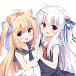  :d animal_ears blonde_hair blue_eyes borrowed_character cat_ears collared_dress dog_ears dress fang hair_ornament interlocked_fingers koinu-chan long_hair looking_at_viewer mimura_zaja multiple_girls open_mouth original red_eyes simple_background smile white_background white_hair 