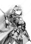  armor armored_dress braid breasts capelet commentary_request fate/apocrypha fate/grand_order fate_(series) faulds gauntlets greyscale headpiece ishida_akira jeanne_d'arc_(fate) jeanne_d'arc_(fate)_(all) large_breasts long_hair monochrome polearm revision single_braid solo weapon 