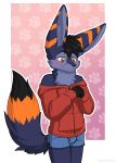  2019 absurd_res anthro blue_fur blush bottomless boxers_(clothing) canid canine clothed clothing digital_media_(artwork) fennec fox fur hair hi_res kemono male mammal multicolored_fur orange_fur sidnithefox simple_background smaller_version_at_source smile solo stack_(character) standing underwear 