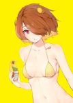  1girl :o absurdres bikini bottomless breasts brown_hair collarbone drinking_straw fei_mao food food_themed_hair_ornament fruit hair_ornament hair_over_one_eye highres holding juice_box lemon lemon_hair_ornament lemon_slice looking_at_viewer medium_breasts micro_bikini navel original out-of-frame_censoring red_eyes solo swimsuit upper_body wind yellow_background yellow_bikini_top 