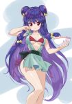  apron bare_legs bell bikini bowl double_bun hair_bell hair_ornament hair_ribbon long_hair m2_(guvn5745) purple_hair ranma_1/2 red_eyes ribbon shampoo_(ranma_1/2) side-tie_bikini swimsuit very_long_hair 