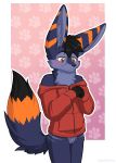  2019 absurd_res anthro blue_fur blush bottomless canid canine clothed clothing digital_media_(artwork) featureless_crotch fennec fox fur hair hi_res kemono male mammal multicolored_fur orange_fur sidnithefox simple_background smaller_version_at_source smile solo stack_(character) standing 