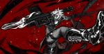  belt_boots boots contrapposto dante_(devil_may_cry) debris devil_may_cry devil_may_cry_2 grey_eyes hallot highres holding holding_sword holding_weapon medium_hair missile_pod partially_colored red_background rocket_launcher silhouette smile smoke solo spot_color sword weapon white_hair 