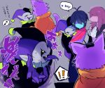  1girl 1other 2boys ahoge animal_ears black_sclera blue_hair blue_skin button_eyes capelet cat cat_ears cat_tail deltarune english hat highres jester_cap jevil kris_(deltarune) long_tongue multiple_boys musical_note pointy_ears seam_(deltarune) sharp_teeth sleeping spoken_exclamation_mark susie_(deltarune) suurin_(ksyaro) sweat sweatdrop sweating_profusely tail teeth tongue translated waking_up yellow_eyes zzz 