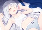  absurdres armpits arms_up bangs bare_arms bare_shoulders bed bow bow_panties bra camisole camisole_lift closed_eyes collarbone crotch_seam drooling dx_(dekusu) eyebrows_behind_hair facing_viewer grey_panties hibiki_(kantai_collection) highres kantai_collection lace lace-trimmed_bra light_blush long_hair lying navel on_back open_mouth panties pillow saliva shirt_straps silver_hair sleeping solo striped underwear underwear_only vertical-striped_panties vertical_stripes very_long_hair white_camisole white_hair 