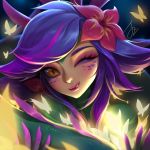  commentary eyelashes face flower hair_flower hair_ornament jz league_of_legends lizard_girl looking_at_viewer monster_girl neeko_(league_of_legends) one_eye_closed slit_pupils tongue tongue_out yellow_eyes 