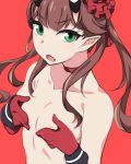  1girl bangs brown_hair c_(control) choker collarbone covering_nipples eyebrows_visible_through_hair fang flat_chest flower frown gloves green_eyes hair_flower hair_ornament horns kuro_mushi long_hair looking_at_viewer mashu_(control) nude open_mouth pointy_ears red_background red_choker red_flower red_gloves solo twintails upper_body 