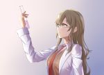  bangs breasts brown_hair brown_shirt closed_mouth futaba_rio glasses hair_between_eyes highres holding labcoat large_breasts liquid long_hair long_sleeves necktie open_clothes prayer red_neckwear seishun_buta_yarou shirt smile solo test_tube wavy_hair yellow_eyes 