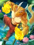  anthro bamboo clothed clothing dragon hi_res kung_fu looking_at_viewer male muscular muscular_male pond pose raised_leg solo standing_on topless waddledox 