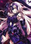  :d armor armored_dress banner black_gloves black_sleeves breasts chain detached_sleeves dress fate/grand_order fate_(series) faulds floating_hair fur_trim gloves headpiece holding holding_sword holding_weapon jeanne_d'arc_(alter)_(fate) jeanne_d'arc_(fate)_(all) long_hair looking_at_viewer medium_breasts navel navel_cutout open_mouth petals purple_dress riichu sideboob silver_hair sleeveless sleeveless_dress smile solo standing sword very_long_hair weapon yellow_eyes 