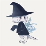  :o ayu_(mog) black_border blush border bright_pupils chibi flower grey_background hat lizard_tail original parted_lips sharp_toenails short_hair simple_background sleeves_past_fingers sleeves_past_wrists solo spot_color standing tail toenails transformation witch_hat 