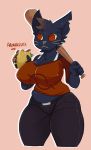  &lt;3 2018 anthro aronhilistix bat big_breasts black_fur breasts cat clothed clothing digital_media_(artwork) feline female food fur huge_breasts mae_(nitw) mammal night_in_the_woods red_eyes simple_background solo taco thick_thighs video_games voluptuous whiskers 